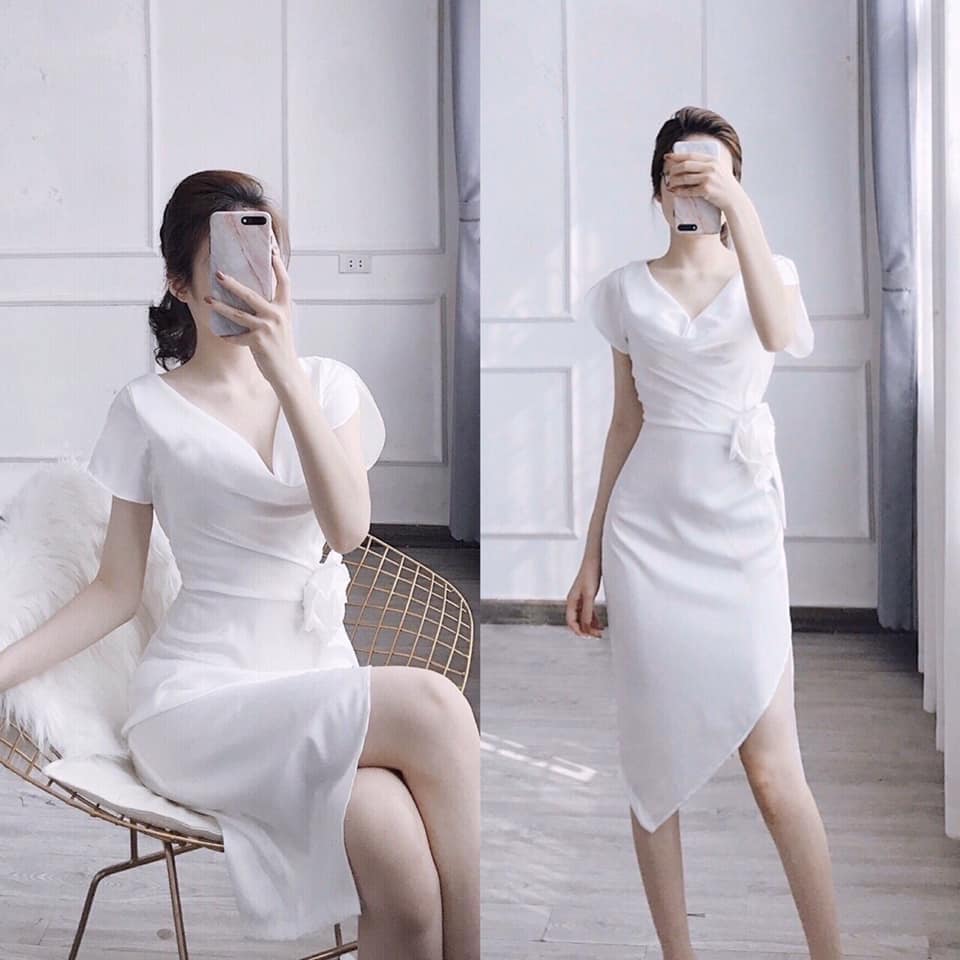Váy body trắng trễ cổ hoa eo cao cấp V1385  Thời Trang DVC