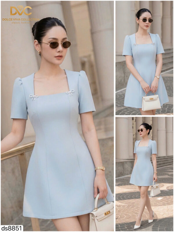 Đầm Xòe Cổ Vuông Đính Nơ Thanh Lịch - DS8851