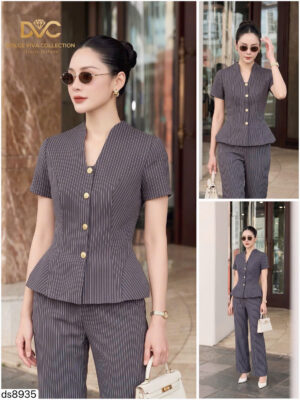Bộ Trang Phục Sọc Kẻ Notch Neck Peplum Đẳng Cấp - DS8935