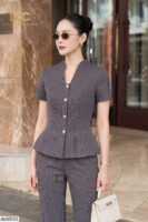 Bộ Trang Phục Sọc Kẻ Notch Neck Peplum Đẳng Cấp - DS8935